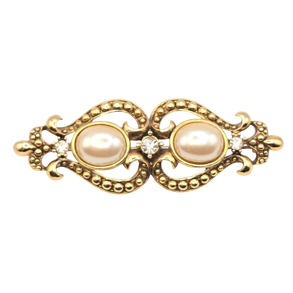 Vintage Victorian Style Ornate Gold Tone Brooch with Faux Pearls and Rhinestones